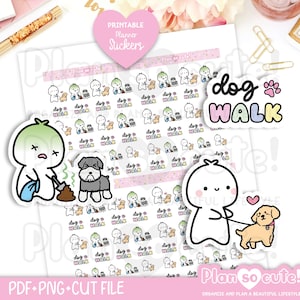 May include: Printable planner stickers featuring cute illustrations of people walking dogs, with text that says "dog walk." Includes a sticker with a dog paw print and the text "dog walk."