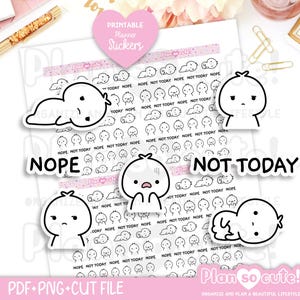 以下が含まれることがあります： 「Nope」と「Not Today」のフレーズが入った、様々な漫画のキャラクターが描かれた、印刷可能なプランナーステッカー。ステッカーは白地に黒いアウトラインで、計画と整理のためにデザインされています。画像には、ピンクのハート型のステッカーが含まれています。