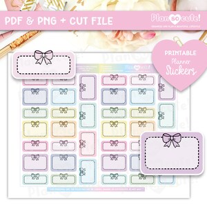 May include: Printable planner stickers with pastel colored backgrounds and black outlines. Each sticker features a bow and a blank space for writing. The text "Printable Planner Stickers" is in a pink heart shape.
