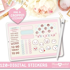 Puede incluir: Una pantalla de planificador digital con m&aacute;s de 120 pegatinas digitales en rosa, marr&oacute;n y azul. Las pegatinas incluyen iconos, cuadros de texto y emojis. El texto "Plan so cute!" est&aacute; en la parte inferior de la pantalla.