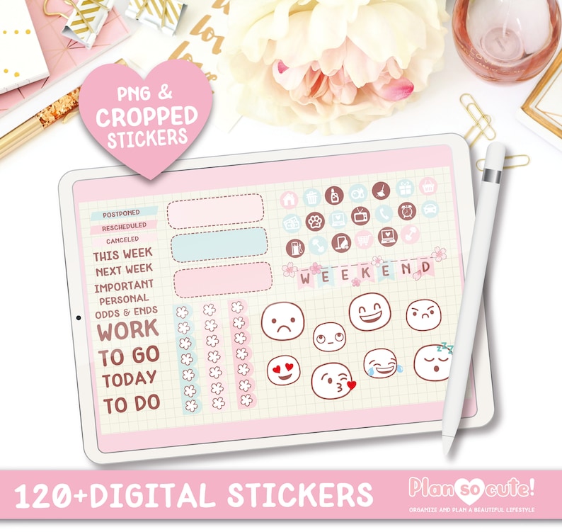 Puede incluir: Una pantalla de planificador digital con m&aacute;s de 120 pegatinas digitales en rosa, marr&oacute;n y azul. Las pegatinas incluyen iconos, cuadros de texto y emojis. El texto "Plan so cute!" est&aacute; en la parte inferior de la pantalla.