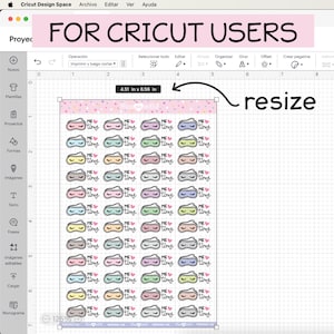 May include: A Cricut Design Space screenshot displaying sleep mask stickers in pastel shades. Each sticker has the text "ME time". The image is labelled "FOR CRICUT USERS" and shows a resize arrow. The sticker sheet measures 11.46 cm x 16.66 cm.
