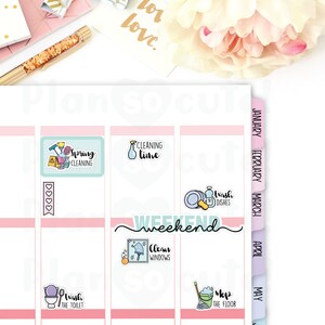 May include: A set of colorful stickers with illustrations of household chores, including cleaning, washing dishes, and mopping the floor. The stickers are designed for use in a planner or journal.