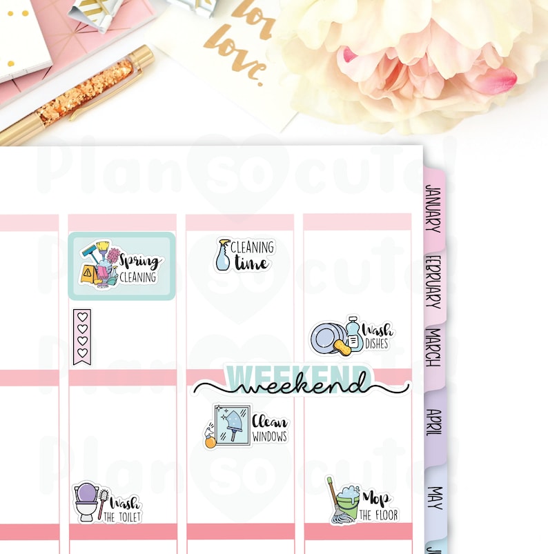 May include: A set of colorful stickers with illustrations of household chores, including cleaning, washing dishes, and mopping the floor. The stickers are designed for use in a planner or journal.