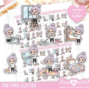 Puede incluir: Una colección de pegatinas imprimibles para planificadores con un personaje de dibujos animados realizando diversas tareas de limpieza. Las pegatinas incluyen imágenes de limpieza de ventanas, lavado de platos, fregado y aspiración. El texto "Plan so cute!" es visible.