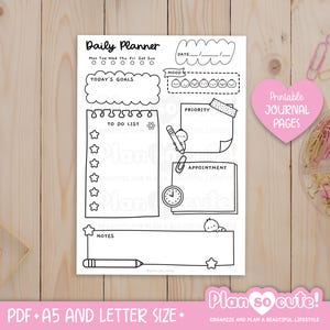 Puede incluir: Una hoja de planificador diario imprimible en blanco y negro con secciones para objetivos, listas de tareas, citas y notas. Incluye el texto "Daily Planner", "Today's Goals", y "Plan so cute!"