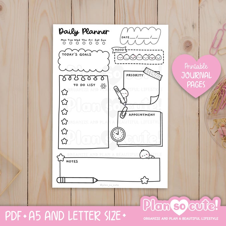 Puede incluir: Una hoja de planificador diario imprimible en blanco y negro con secciones para objetivos, listas de tareas, citas y notas. Incluye el texto "Daily Planner", "Today's Goals", y "Plan so cute!"