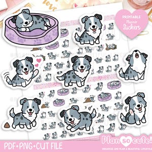 May include: A collection of adorable dog stickers in various poses, including sleeping in a bed, waving, and playing. The stickers are primarily gray and white, with black accents. The phrase "Plan so cute!" is visible.