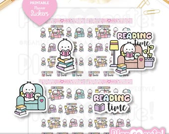 Tiny Puppet Reading Time Stickers, Printable Planner Stickers, Bullet Journal Stickers