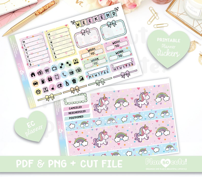 Unicorn Printable Planner Stickers, EC Weekly Kit, Cute Unicorn - Etsy