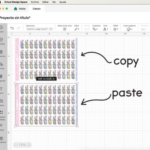 May include: A screenshot of a design software program displaying a grid with two rows of colourful, patterned, small, rectangular stickers. The text "copy" and "paste" is written on the screen with arrows pointing to the stickers.