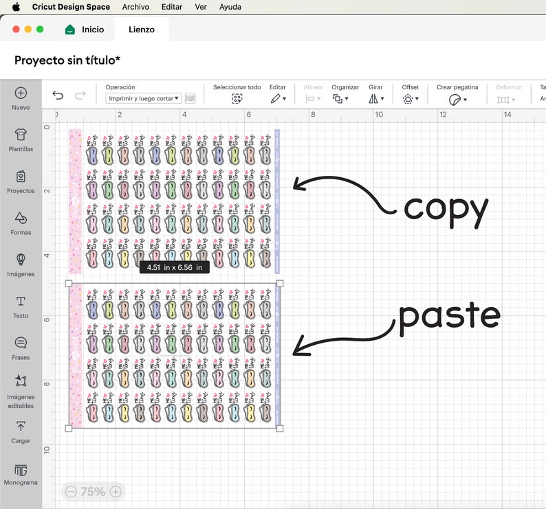 May include: A screenshot of a design software program displaying a grid with two rows of colourful, patterned, small, rectangular stickers. The text "copy" and "paste" is written on the screen with arrows pointing to the stickers.