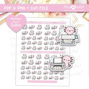 Puede incluir: Una hoja de pegatinas imprimibles para planificadores con un ajolote sosteniendo una impresora. Las pegatinas son rosas y blancas con un fondo de confeti. El texto "Plan so cute!" está en la hoja.