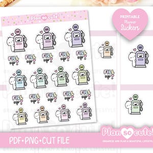 Può includere: Foglio di adesivi per planner con pompe di benzina a fumetti in vari colori pastello, con la scritta "FILL UP" e cuori. Gli adesivi sono etichettati "Plan so cute!" e "Printable Planner Stickers."