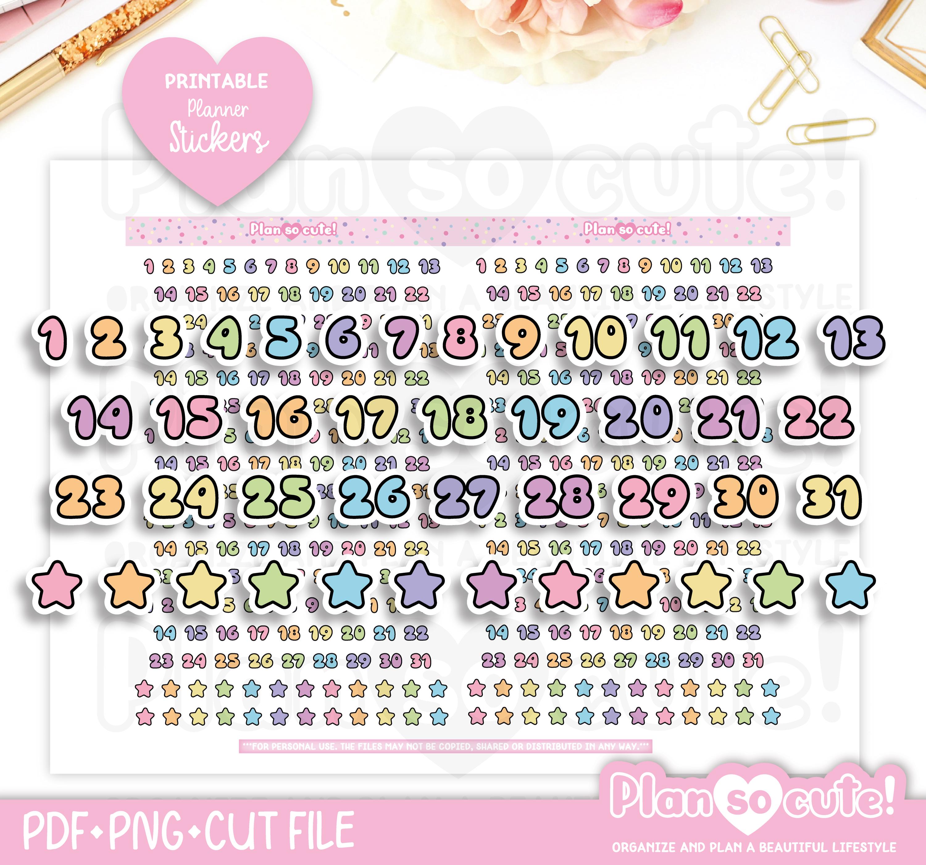 Number Fluffy Script, Printable Planner Stickers