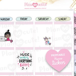 May include: A set of printable planner stickers featuring a pink heart with the text "Printable Planner Stickers", a pink and white sticker with the text "Music makes everything better" and musical notes, a cartoon illustration of a woman working on a laptop, and a cartoon illustration of a woman hanging laundry.