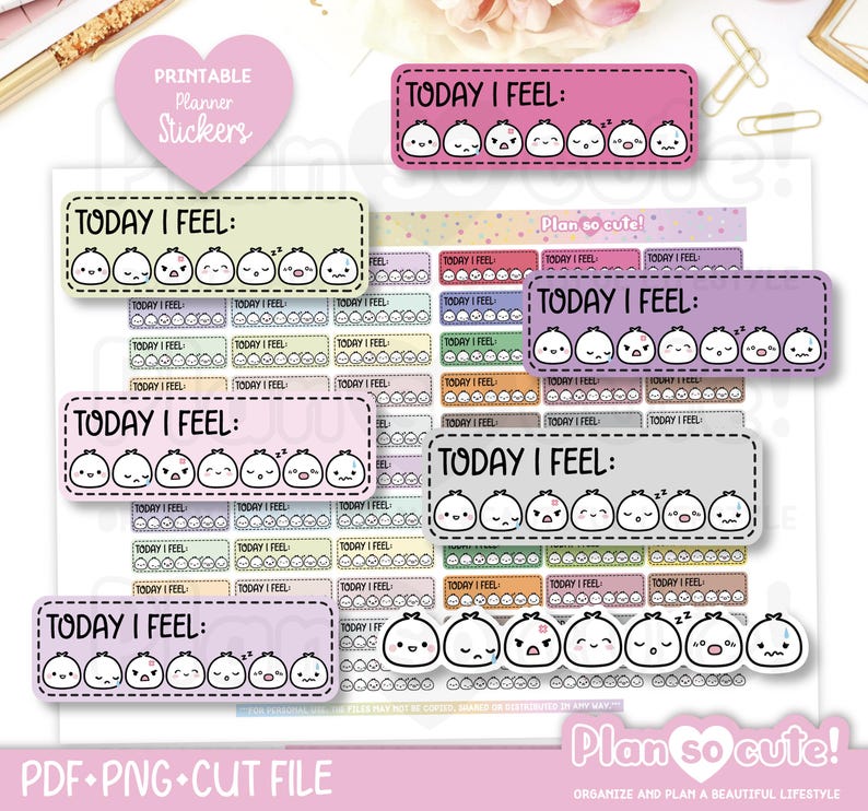 May include: Printable planner stickers with a cute cartoon character design. The stickers feature a variety of emotions and say "Today I Feel".