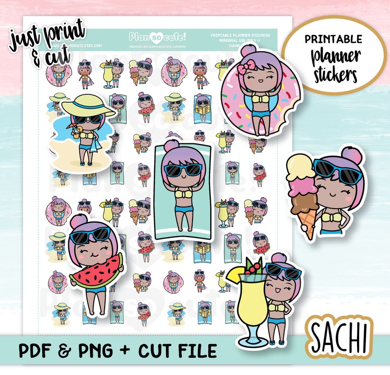 May include: Printable planner stickers featuring a cartoon character in various summer-themed poses, including sunbathing, eating ice cream, and holding a tropical drink. The stickers are designed in a cute and colorful style with pink, blue, yellow, and white accents. The text "Plan so cute!" and "SACHI" are also included in the image.