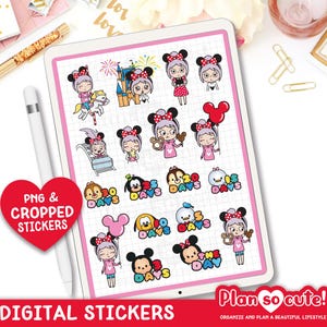 May include: A set of 15 digital stickers featuring a variety of Disney characters, including Mickey Mouse, Minnie Mouse, and Pluto. The stickers are in a cartoon style and are perfect for adding a touch of Disney magic to your planner, journal, or other projects.
