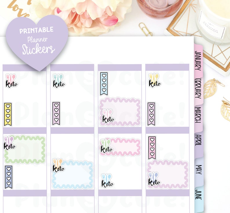 Pu&ograve; includere: Adesivi per planner stampabili a tema keto. Gli adesivi presentano una variet&agrave; di design, tra cui cuori, posate e la parola "keto".