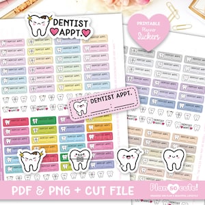 Wizyta u dentysty, kolory tęczy, pasteli i neutralne. Naklejki planisty do wydrukowania, pliki Cricut i sylwetki, naklejki Erin Condren.