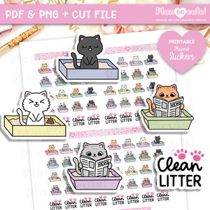 May include: Printable planner stickers featuring cute cartoon cats in a litter box. The stickers include a variety of poses, including cats reading newspapers, sleeping, and cleaning their litter boxes. The stickers are perfect for adding a touch of whimsy to your planner or journal.