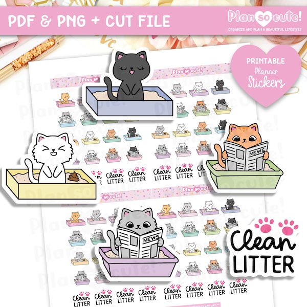 Clean Litter, Cat Stickers, Kitty Stickers, Printable Planner Stickers