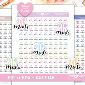 Könnte beinhalten: Druckbare Planer-Aufkleber mit einem Regenbogen an Farben, dem Wort "Meals" und einem Besteck-Set. Die Aufkleber sind nur für den persönlichen Gebrauch bestimmt.