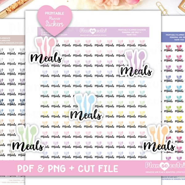 Meals Printable Planner Stickers, Fork and knife Planner Stickers