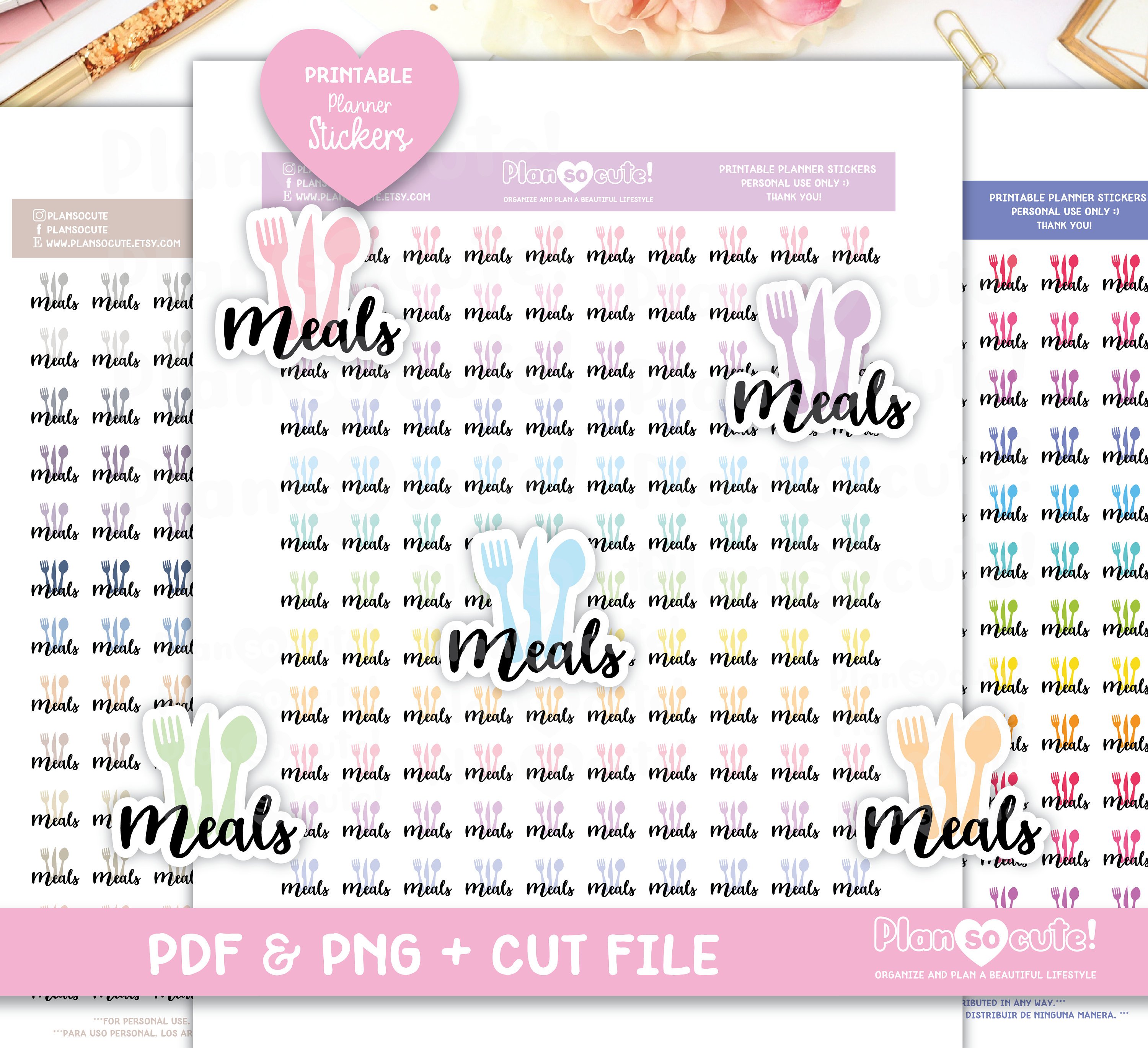 Meals Printable Planner Stickers, Fork and knife Planner Stickers