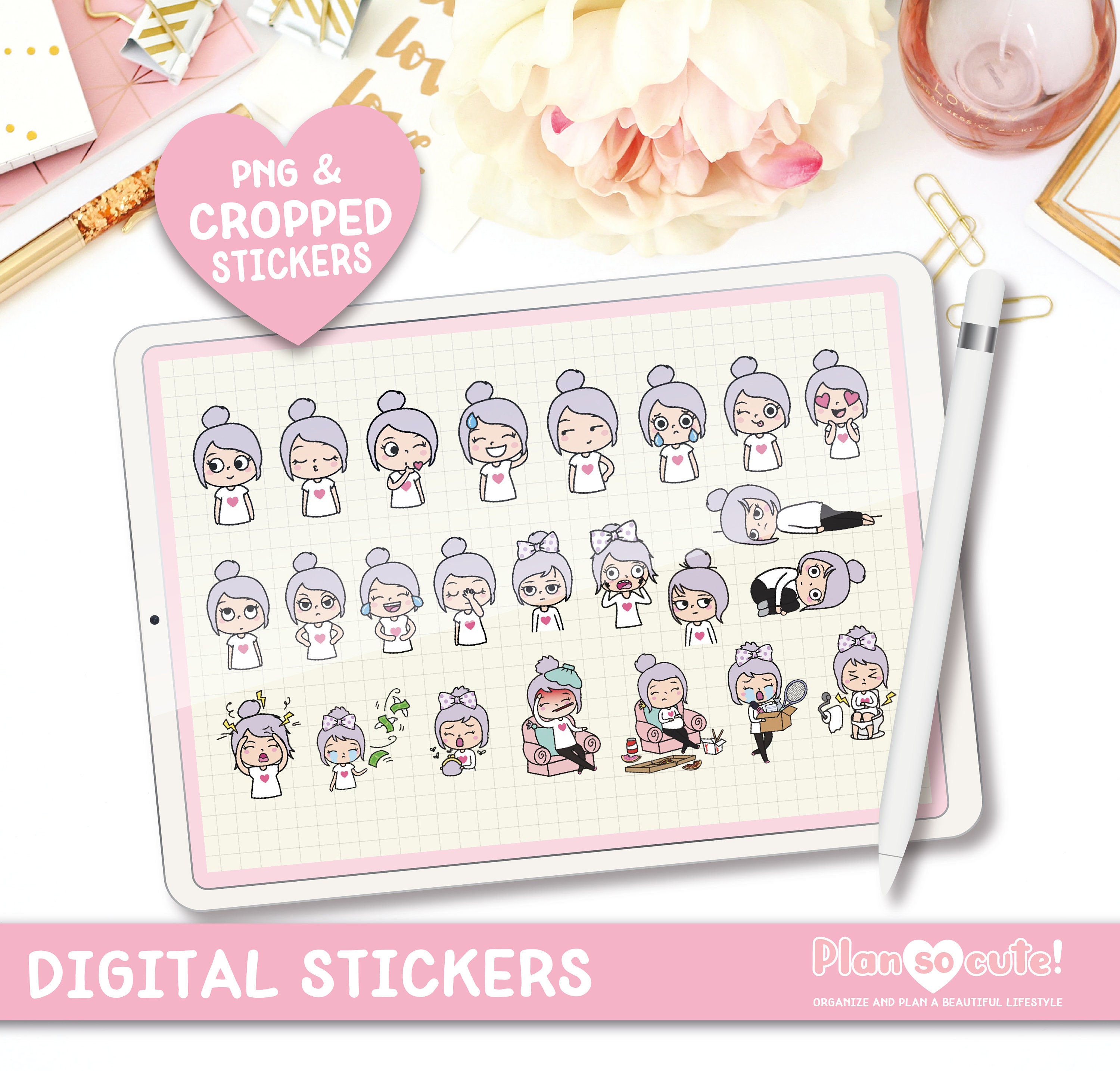Emily Emotions Digital Stickers, Goodnotes Stickers, Kawaii, Precropped ...