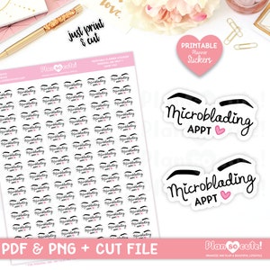 May include: Printable planner stickers featuring a stylised eyebrow design with the text "Microblading Appt" and a small pink heart. The stickers are on a white background and arranged in a grid pattern. The text "Plan so cute!" is at the bottom of the image.
