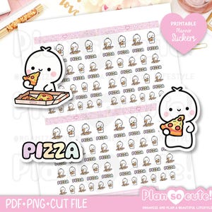 May include: Sheet of planner stickers featuring a cute cartoon character eating pizza. The stickers have a pink and white color scheme with the words "PIZZA" and "Plan so cute!" printed on them. The stickers are designed for organizing and planning.