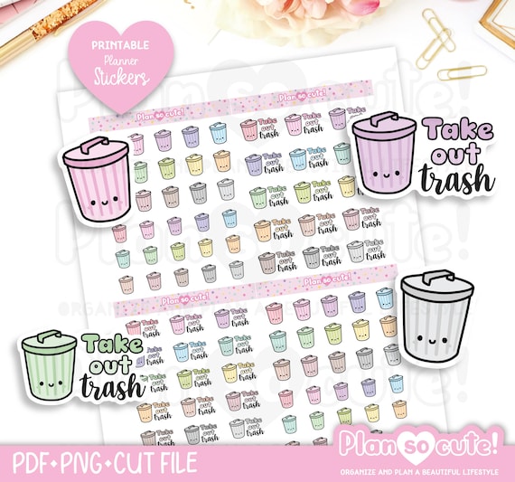 Take out Trash Stickers, Kawaii Stickers, Printable Planner Stickers, Bullet Journal Stickers, Erin Condren Stickers, Hobonichi stickers