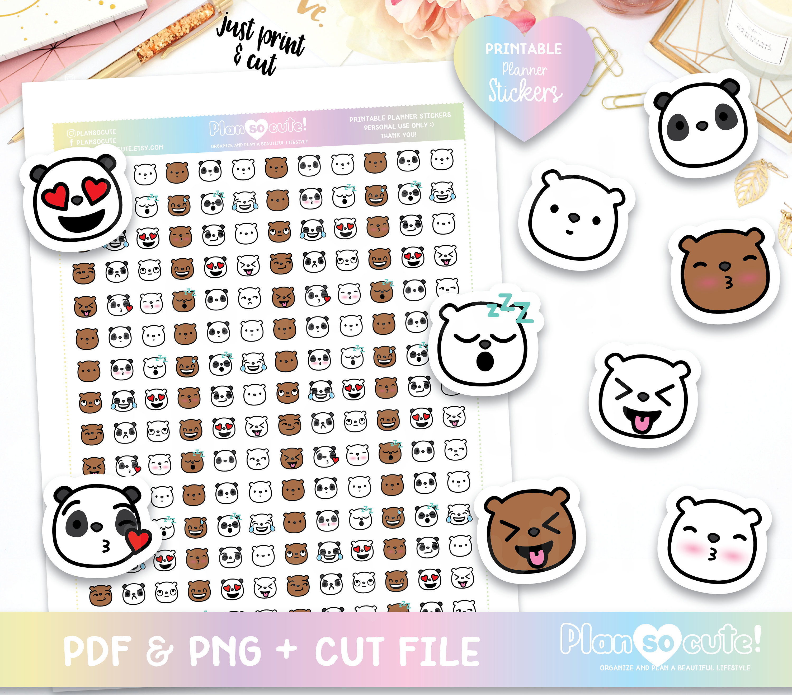 Emoji Printable Planner Stickers, Bear Emojis, Cute bear emojis,…