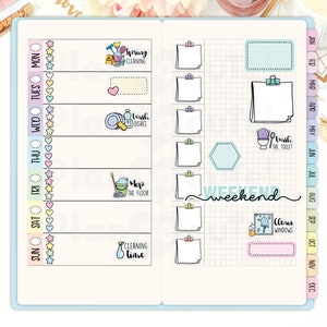 May include: A weekly planner with a grid layout and colorful stickers featuring cleaning tasks like "Spring Cleaning", "Wash Dishes", "Mop the Floor", "Wash the Toilet", and "Clean Windows".