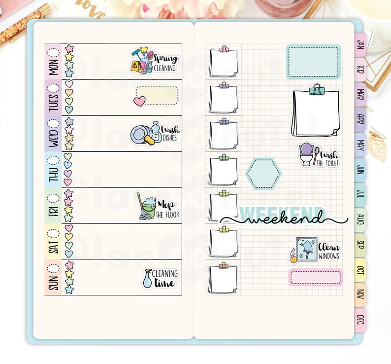 May include: A weekly planner with a grid layout and colorful stickers featuring cleaning tasks like "Spring Cleaning", "Wash Dishes", "Mop the Floor", "Wash the Toilet", and "Clean Windows".