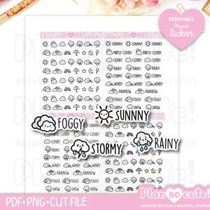 May include: A sheet of planner stickers with weather-themed illustrations. The stickers include images of clouds, suns, rainbows, and raindrops, with text labels like "Sunny," "Rainy," and "Stormy." The stickers are in black and white.