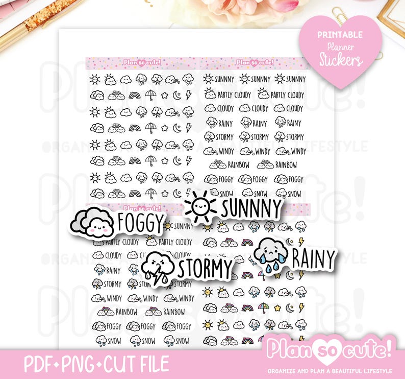 May include: A sheet of planner stickers with weather-themed illustrations. The stickers include images of clouds, suns, rainbows, and raindrops, with text labels like "Sunny," "Rainy," and "Stormy." The stickers are in black and white.