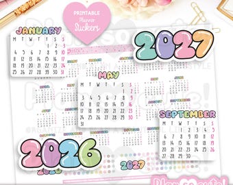 Calendar 2026- 2027, Printable Planner Stickers, Monday start
