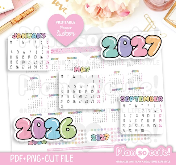 Calendar 2026- 2027, Printable Planner Stickers, Monday start