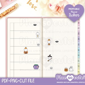 May include: A planner spread featuring Halloween stickers. Stickers include a bat, ghost, skull, cauldron, and pumpkin. The text "Printable Planner Stickers" is visible. The bottom of the image has the text "PDF &bull; PNG &bull; CUT FILE" and "Plan so cute!"