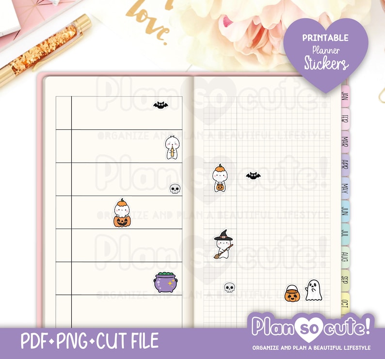 May include: A planner spread featuring Halloween stickers. Stickers include a bat, ghost, skull, cauldron, and pumpkin. The text "Printable Planner Stickers" is visible. The bottom of the image has the text "PDF &bull; PNG &bull; CUT FILE" and "Plan so cute!"