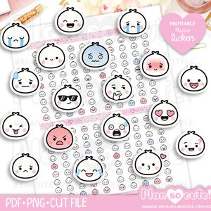 以下が含まれることがあります： 様々な表情をした丸い白いキャラクターのイラストが描かれた印刷可能なプランナーステッカーシート。幸せ、悲しみ、泣き顔、赤面、サングラスをかけたクールな表情などが含まれ、ピンクのハート型ラベルも配置されています。