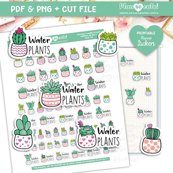 Water the plants, Doodle Cactus, Succulent, Printable Planner Stickers