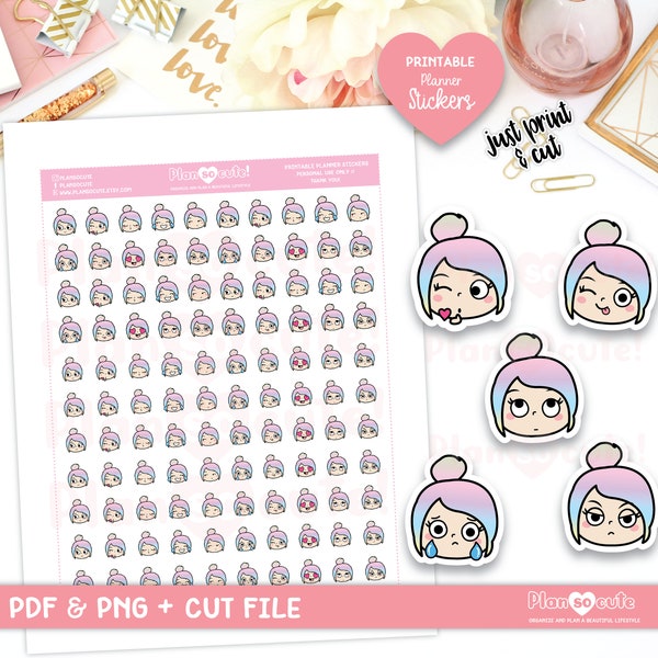 Emily Emojis Printable Planner Stickers, Light Skin, Cricut and Silhouette files, Bullet Journal Stickers, Erin Condren Stickers