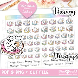 May include: Sheet of printable planner stickers featuring cute cartoon bears in therapy sessions. The stickers include the word "therapy" in a handwritten font and the text "PDF & PNG + CUT FILE".