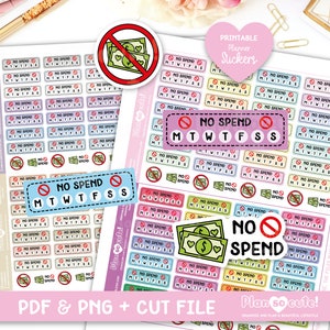 Geen uitgaven, regenboog-, pastel- en neutrale kleuren. Afdrukbare Planner Stickers, Cricut en Silhouette bestanden, Erin Condren Stickers.