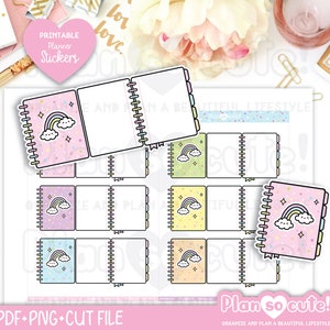 May include: Printable planner stickers featuring a rainbow, clouds, and stars on a pink, yellow, and blue background. The stickers are designed to be cut out and used in a planner.