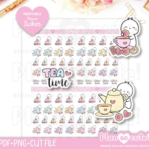 Tiny Puppet Tea Time Stickers, Printable Planner Stickers, Bullet Journal Stickers